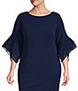 Color:Navy Satin - Image 3 - Plus Size Stretch Crepe 3/4 Bell Sleeve Sheath Dress