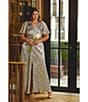 Adrianna Papell Plus Size V-Neck Flutter Sleeve Foil Leaf Printed Gown, Color:Light Blue/Gold - Image 7
