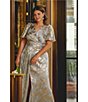 Adrianna Papell Plus Size V-Neck Flutter Sleeve Foil Leaf Printed Gown, Color:Light Blue/Gold - Image 8