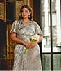 Adrianna Papell Plus Size V-Neck Flutter Sleeve Foil Leaf Printed Gown, Color:Light Blue/Gold - Image 10