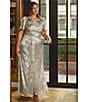 Adrianna Papell Plus Size V-Neck Flutter Sleeve Foil Leaf Printed Gown, Color:Light Blue/Gold - Image 12