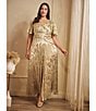 Adrianna Papell Plus Size V-Neck Flutter Sleeve Foil Leaf Printed Gown, Color:Champange/Gold - Image 8