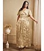 Adrianna Papell Plus Size V-Neck Flutter Sleeve Foil Leaf Printed Gown, Color:Champange/Gold - Image 9