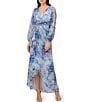 Color:Blue Multi - Image 1 - Printed Surplice V-Neck Long Sleeve Faux Wrap Dress