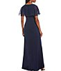 Color:Navy - Image 2 - Ruffle Crepe V-Neck Short Flutter Sleeve Cascade Front High-Low Chiffon Gown