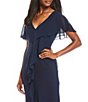 Color:Navy - Image 3 - Ruffle Crepe V-Neck Short Flutter Sleeve Cascade Front High-Low Chiffon Gown