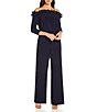 Color:Navy - Image 1 - Ruffle Off-the-Shoulder 3/4 Sleeve Jersey Jumpsuit
