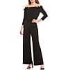 Color:Black - Image 1 - Ruffle Off-the-Shoulder 3/4 Sleeve Jersey Jumpsuit