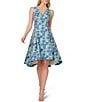 Adrianna Papell Ruffle V-Neck Abstract Floral Jacquard A-Line Hi Lo Dress, Color:Blue Green Multi - Image 1