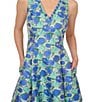 Adrianna Papell Ruffle V-Neck Abstract Floral Jacquard A-Line Hi Lo Dress, Color:Blue Green Multi - Image 4