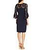 Color:Midnight - Image 2 - Sequin Lace 3/4 Bell Sleeve Round Illusion Neck Jersey Side Draped Sheath Dress