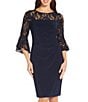 Color:Midnight - Image 4 - Sequin Lace 3/4 Bell Sleeve Round Illusion Neck Jersey Side Draped Sheath Dress