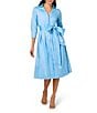 Adrianna Papell Silky Taffeta Collared V-Neck Oversize Bow Sash 3/4 Sleeve Button Front Shirt Midi Dress, Color:Bluebell - Image 1