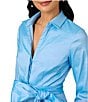 Adrianna Papell Silky Taffeta Collared V-Neck Oversize Bow Sash 3/4 Sleeve Button Front Shirt Midi Dress, Color:Bluebell - Image 3