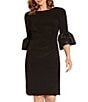 Color:Black - Image 3 - Stretch Boat Neck 3/4 Bell Sleeve Ruched Waist Sheath Dress