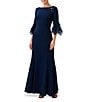 Color:Midnight - Image 1 - Stretch Boat Neck 3/4 Geometric Bell Sleeve V-Back Sequin Beaded Shoulder Gown