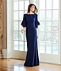 Color:Midnight - Image 6 - Stretch Boat Neck 3/4 Geometric Bell Sleeve V-Back Sequin Beaded Shoulder Gown