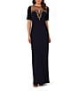 Color:Midnight - Image 1 - Stretch Crepe Gown with Beaded Illusion Neckline