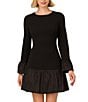 Adrianna Papell Stretch Crepe Taffeta Crew Neck Long Bell Sleeves Drop Waist Mini Dress, Color:Black - Image 1