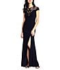Color:Black - Image 1 - Stretch Jersey Sequin Illusion Round Neckline Cap Sleeve Mermaid Gown