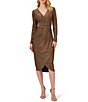 Color:Copper - Image 1 - Stretch Metallic Surplice V-Neck Long Sleeve Faux Wrap Midi Dress