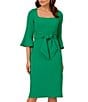 Color:Vivid Green - Image 1 - Stretch Square Neck 3/4 Bell Sleeve Tie Front Dress