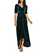 Color:Emerald - Image 1 - Stretch Velvet Front Ruched Short Sleeve V-Neck High-Low Gown
