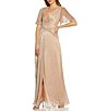 Color:Rose Gold - Image 1 - Floral Metallic Mesh Surplice V-Neck Short Flutter Sleeve Lace Thigh High Slit Side Wrap A-Line Gown
