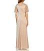 Color:Rose Gold - Image 2 - Floral Metallic Mesh Surplice V-Neck Short Flutter Sleeve Lace Thigh High Slit Side Wrap A-Line Gown
