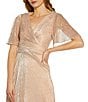 Color:Rose Gold - Image 3 - Floral Metallic Mesh Surplice V-Neck Short Flutter Sleeve Lace Thigh High Slit Side Wrap A-Line Gown