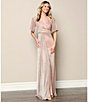 Color:Rose Gold - Image 6 - Floral Metallic Mesh Surplice V-Neck Short Flutter Sleeve Lace Thigh High Slit Side Wrap A-Line Gown