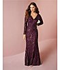 Color:Cassis - Image 6 - V-Neck Stretch Sequin Long Sleeve Sheath Gown
