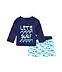 Color:Navy - Image 1 - Baby Boys 3-24 Months Round Neck Long Sleeve Shark Print Rashgaurd Shirt & Swim Trunks Set