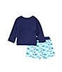 Color:Navy - Image 2 - Baby Boys 3-24 Months Round Neck Long Sleeve Shark Print Rashgaurd Shirt & Swim Trunks Set