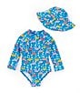 Color:Blue - Image 1 - Baby Girls 3-24 Months Long Sleeve Round Neck Floral Rashguard Swimsuit & Hat Set