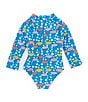 Color:Blue - Image 2 - Baby Girls 3-24 Months Long Sleeve Round Neck Floral Rashguard Swimsuit & Hat Set