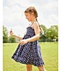 Color:Navy - Image 4 - Little Girls 2T-6X Square Neck Tie-Strap USA Sailboat Print Dress