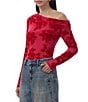 AFRM Barry Floral Flocked Mesh Off-the-Shoulder Long Sleeve Top, Color:Cascade Red Rose - Image 3