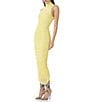Color:Buttercup - Image 3 - Fiorella Knit Crepe Ruched Mock Neck Sleeveless Midi Sheath Dress