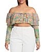 AFRM Plus Size Alma Printed Mesh Knit One Shoulder Neck Long Sleeve Ruffle Top, Color:Fog Filed - Image 1