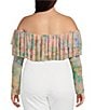 AFRM Plus Size Alma Printed Mesh Knit One Shoulder Neck Long Sleeve Ruffle Top, Color:Fog Filed - Image 2