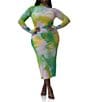 AFRM Plus Size Shailene Watercolor Print Mesh Turtleneck Long Sleeve Midi Dress, Color:Sunblur Blossom - Image 1