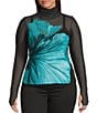 AFRM Plus Size Zadie Flower Print Mock Neck Long Sleeve Mesh Top, Color:Teal Flower - Image 1