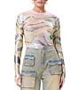 Color:Soft Linear Abstract - Image 1 - Printed Foil Mesh Kaylee Crewneck Long Sleeve Top