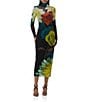 AFRM Shailene Floral Print Turtleneck Long Sleeve Bodycon Midi Mesh Dress, Color:Citron Blossom - Image 1