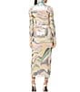 Color:Soft Linear Abstract - Image 2 - Shailene Printed Foil Mesh Turtleneck Long Sleeve Midi Dress