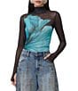 AFRM Zadie Flower Print Mock Neck Long Sleeve Mesh Top, Color:Teal Flower - Image 1
