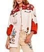 Agua Bendita Chrissy Nopal Floral Embroidered Point Collar 3/4 Sleeve Button Up Top, Color:Multi - Image 1