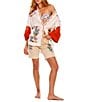 Agua Bendita Chrissy Nopal Floral Embroidered Point Collar 3/4 Sleeve Button Up Top, Color:Multi - Image 3