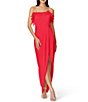 Color:Hot Tomato - Image 1 - Strapless Feather Trim Faux Wrap Satin Tulip Hem Dress